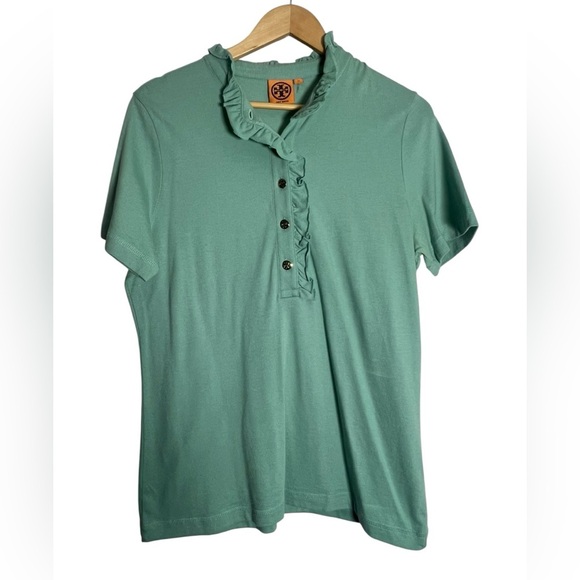 Tory Burch Teal Ruffle Button-Down Shirt - Picture 3 of 5